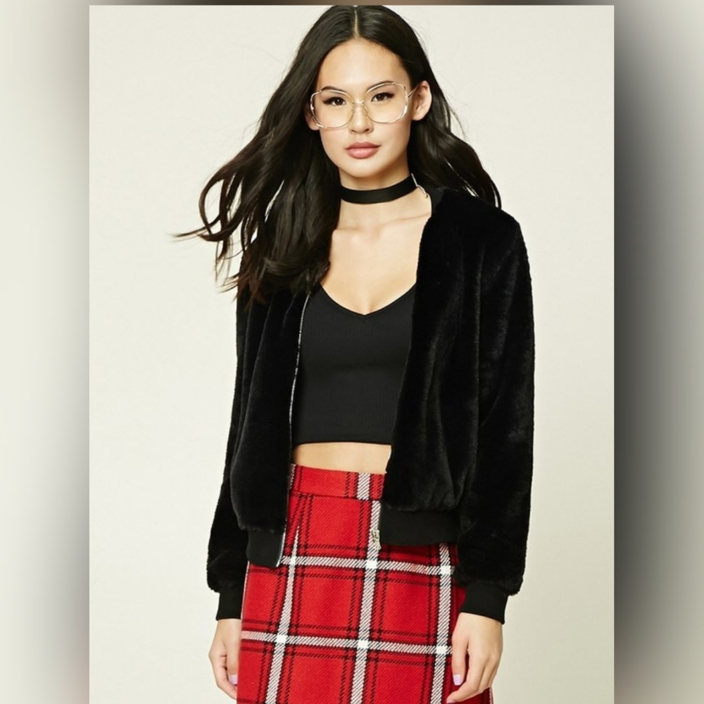 Black Faux Fur Bomber Jacket By Forever 21!